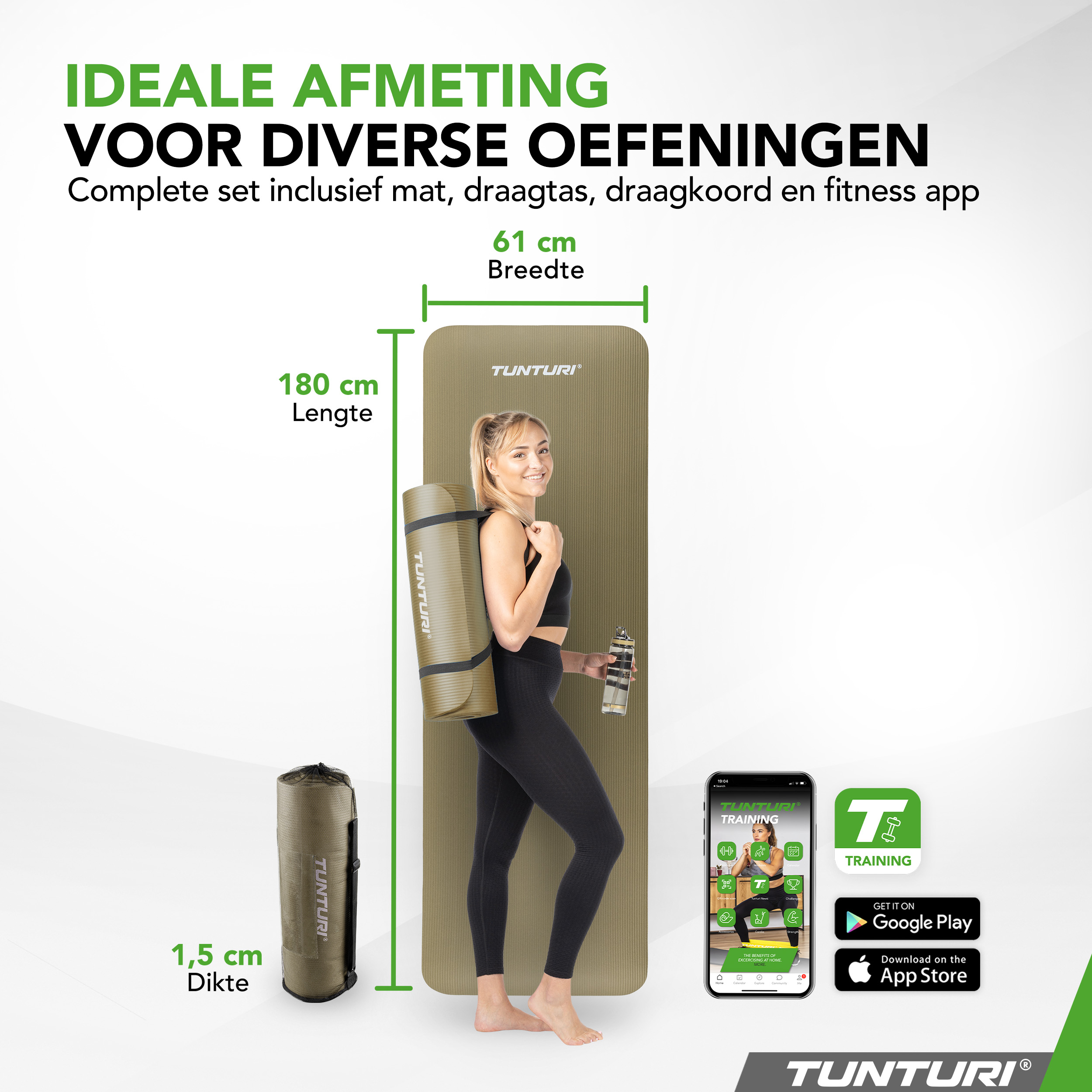 Tunturi Fitnessmatte - NBR 180x60x1.5cm - Armeegrün Tunturi Fitnessmatte - NBR 180x60x1.5cm - Armeegrün