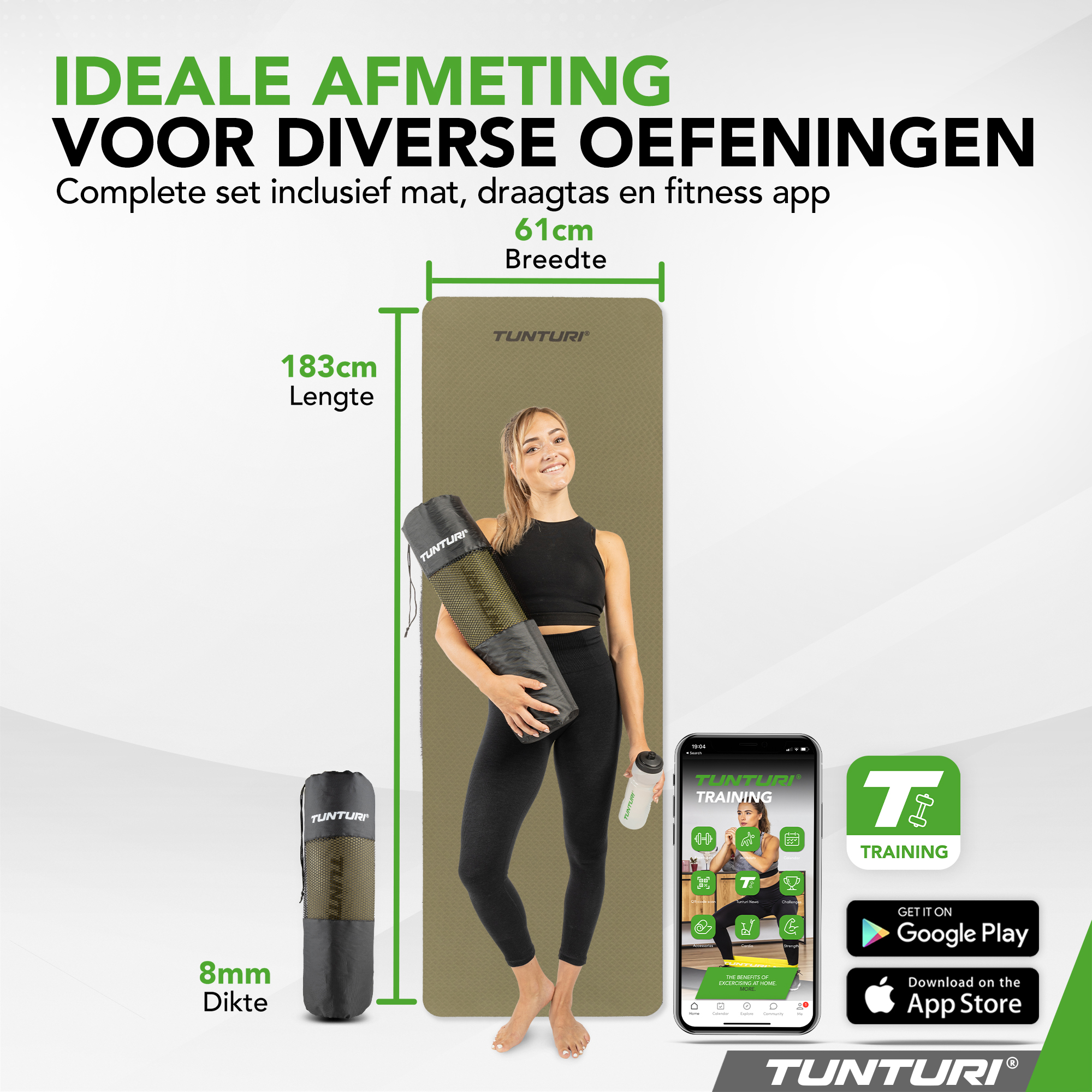 Tunturi - Yogamatte 8mm 183x61x0,8 cm - Armeegrün Tunturi - Yogamatte 8mm 183x61x0,8 cm - Armeegrün
