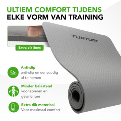Tunturi Fitnessmatte - Yogamatte 8mm 183x61x0,8 cm - Grau