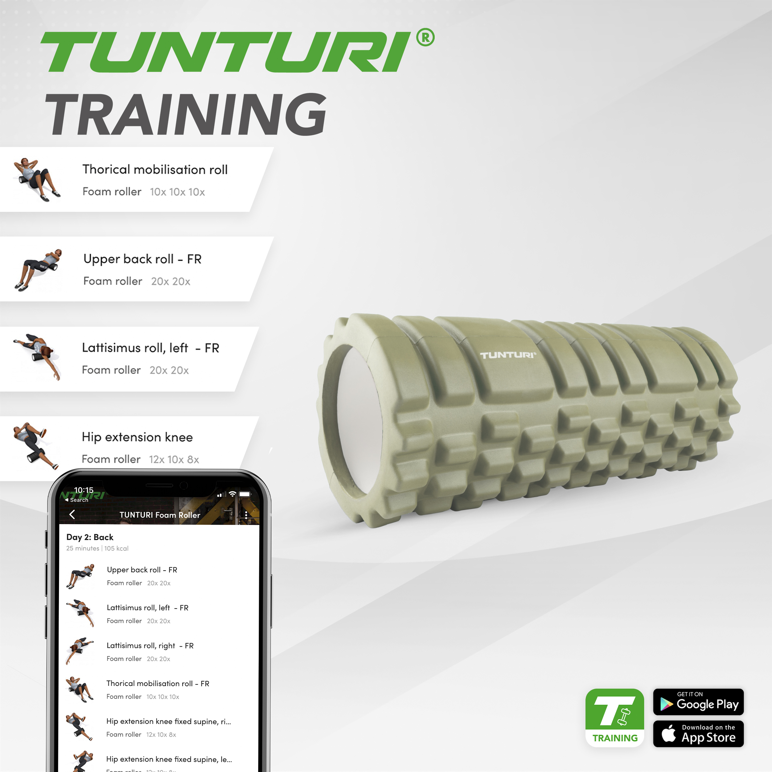 Tunturi Foam Roller - Yoga Grid Foam Roller 33 cm - Armeegrün