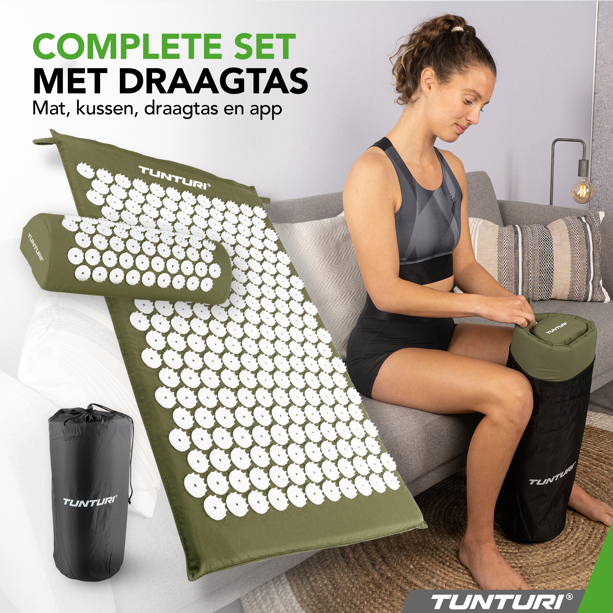 Tunturi - Akupressurmatte mit Kissen - 68 x 42 x 2 cm - Armeegrün Tunturi - Akupressurmatte mit Kissen - 68 x 42 x 2 cm - Armeegrün