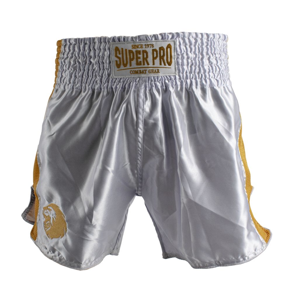 Super Pro Combat Gear Kickbox-Shorts - Thai und Kickbox-Shorts Brave - Gold / Weiß Super Pro Combat Gear Kickbox-Shorts - Thai und Kickbox-Shorts Brave - Gold / Weiß