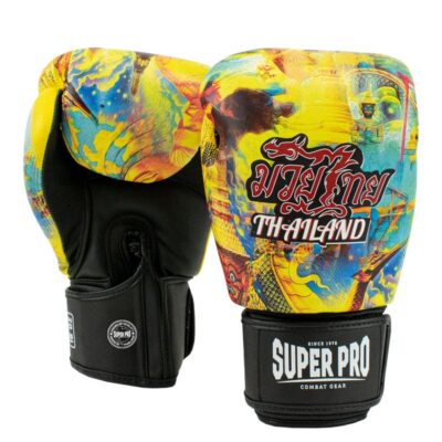 Super Pro Combat Gear Boxhandschuhe - Muay-Thai-Boxhandschuhe Leder Pattaya Made In Thailand - Schwarz / Gelb