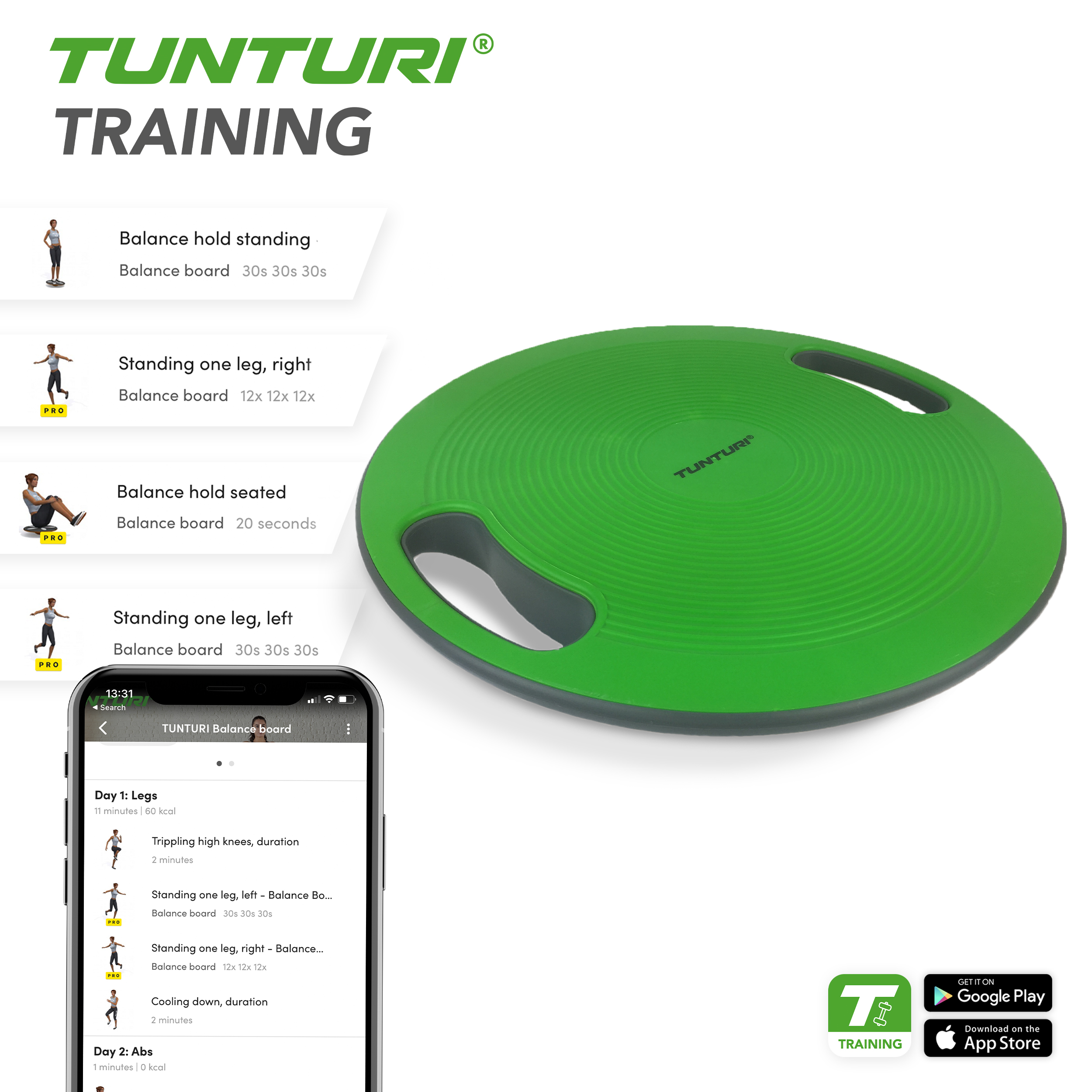 Tunturi Balance Board mit Griffen - Grün Tunturi Balance Board mit Griffen - Grün