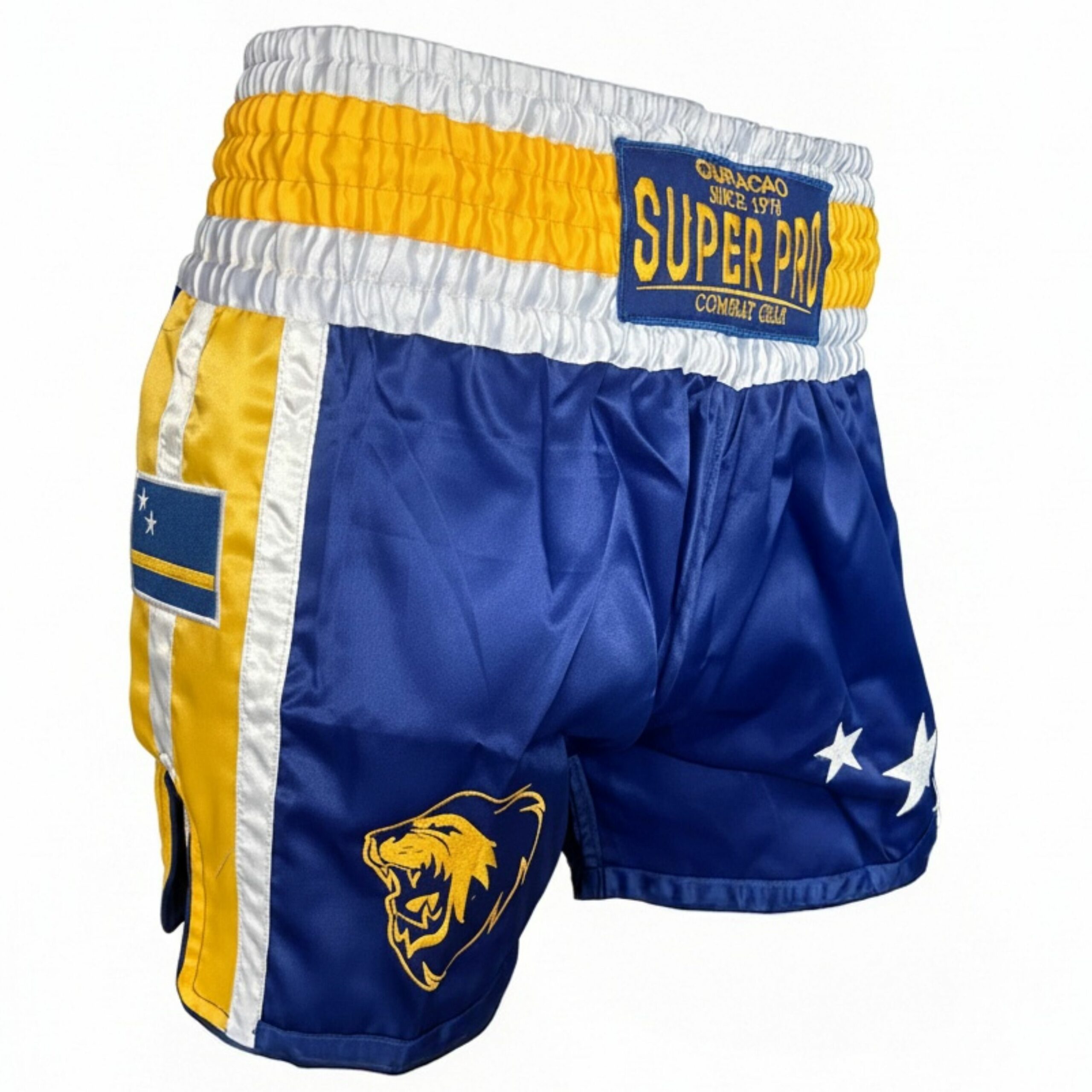 Super Pro Combat Gear - Muay-Thai-Shorts Nations Curacao - Blau / Gelb / Weiß