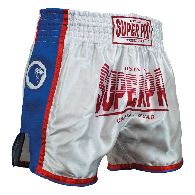 Super Pro Combat Gear Kickbox-Shorts - Thai-Shorts Stripes - Rot / Blau / Weiß