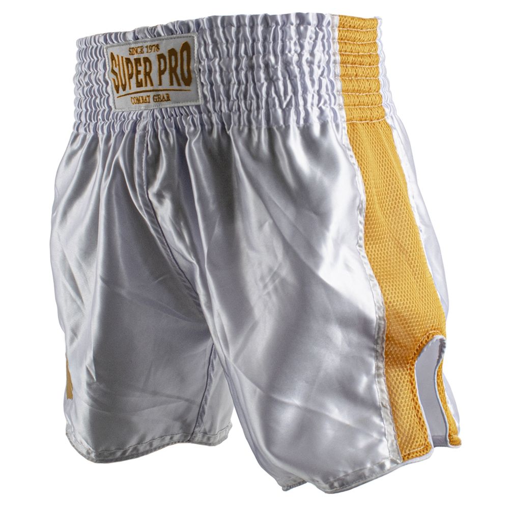 Super Pro Combat Gear Kickbox-Shorts - Thai und Kickbox-Shorts Brave - Gold / Weiß Super Pro Combat Gear Kickbox-Shorts - Thai und Kickbox-Shorts Brave - Gold / Weiß